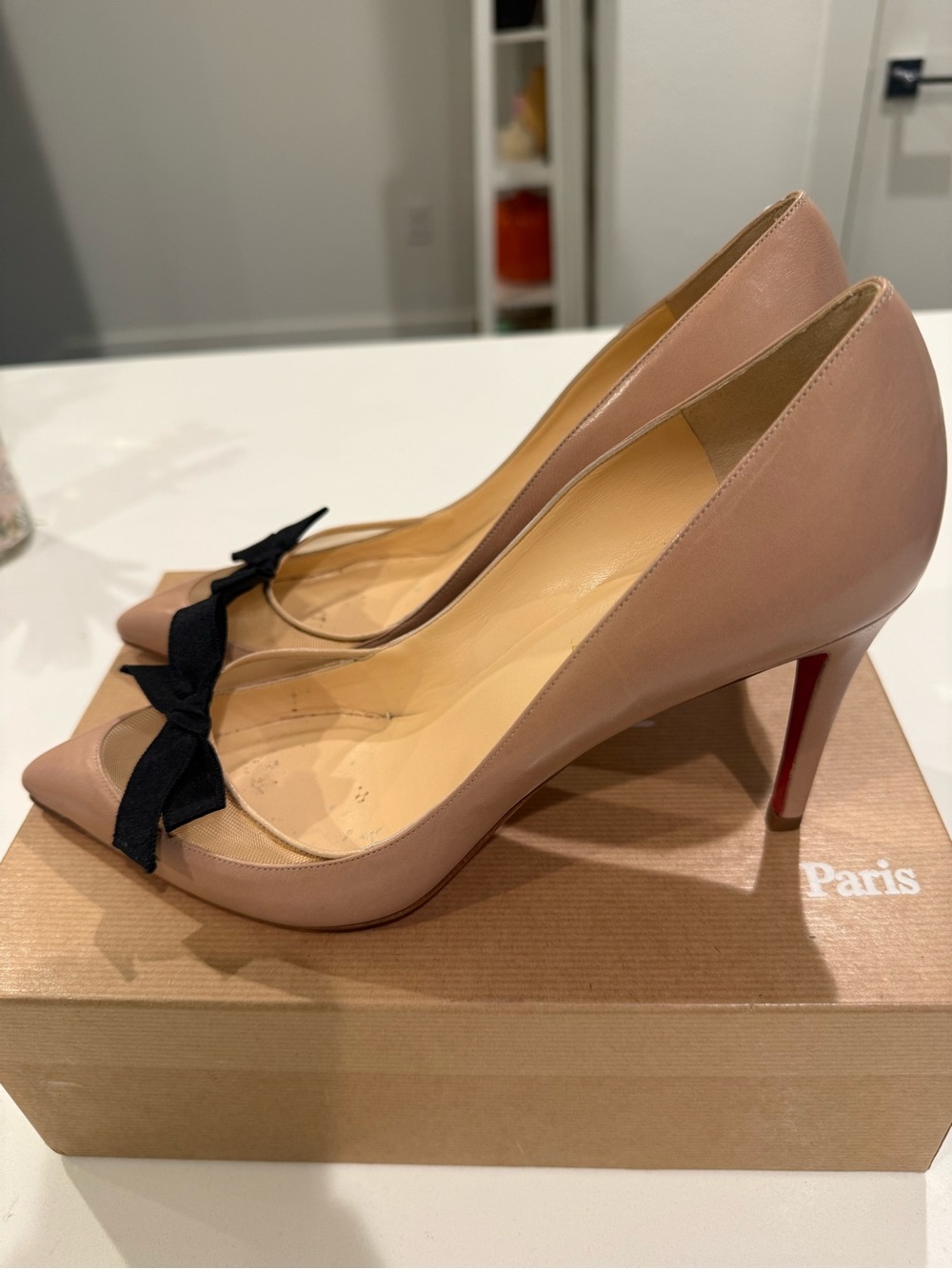Christian Louboutin Blush Nude Pointed-Toe Pumps with Black Bows - Picture 2 of 7